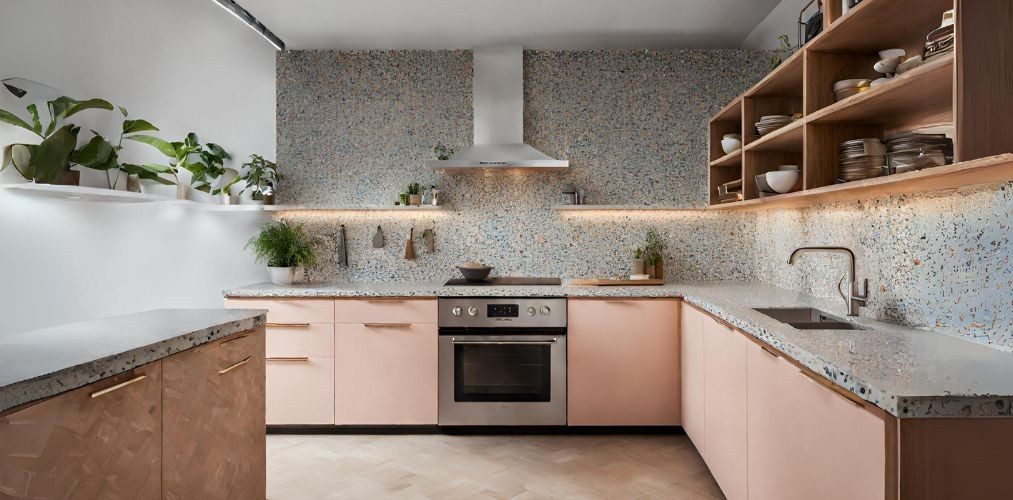 Open kitchen with peach cabinets and terrazzo backsplash - Beautiful Homes