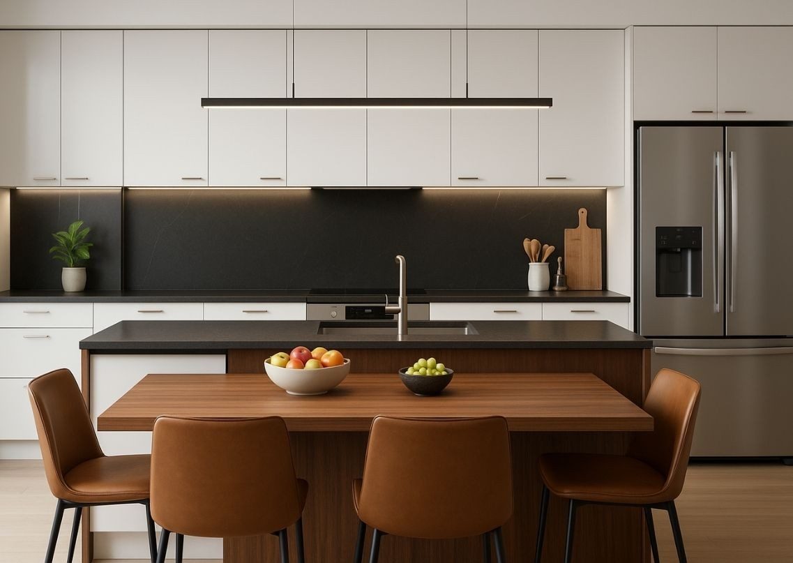 Modern kitchen with island, white cabinets, and lighting - Beautiful Homes