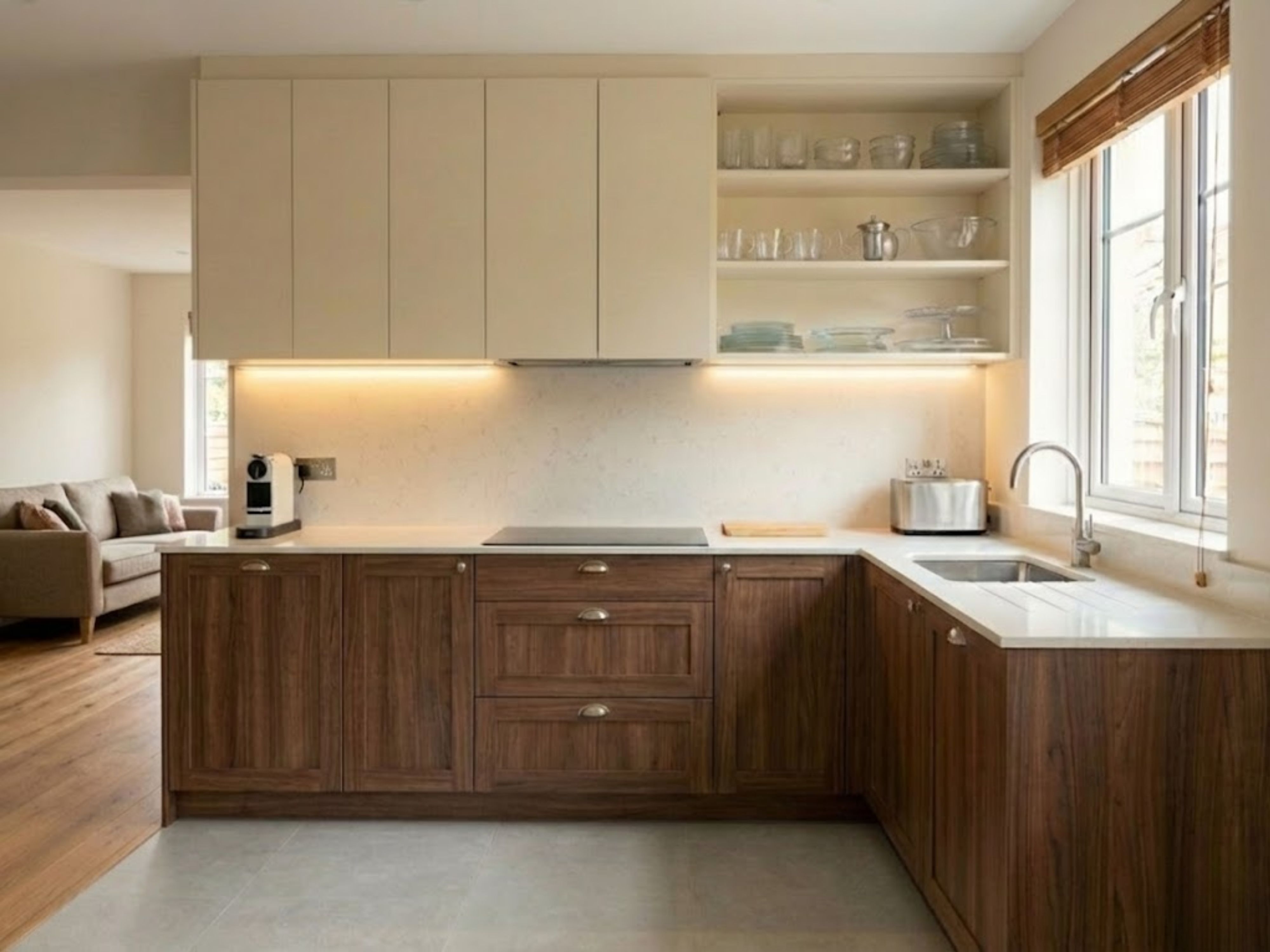 L shaped kitchen with wooden cabinets and window - Beautiful Homes