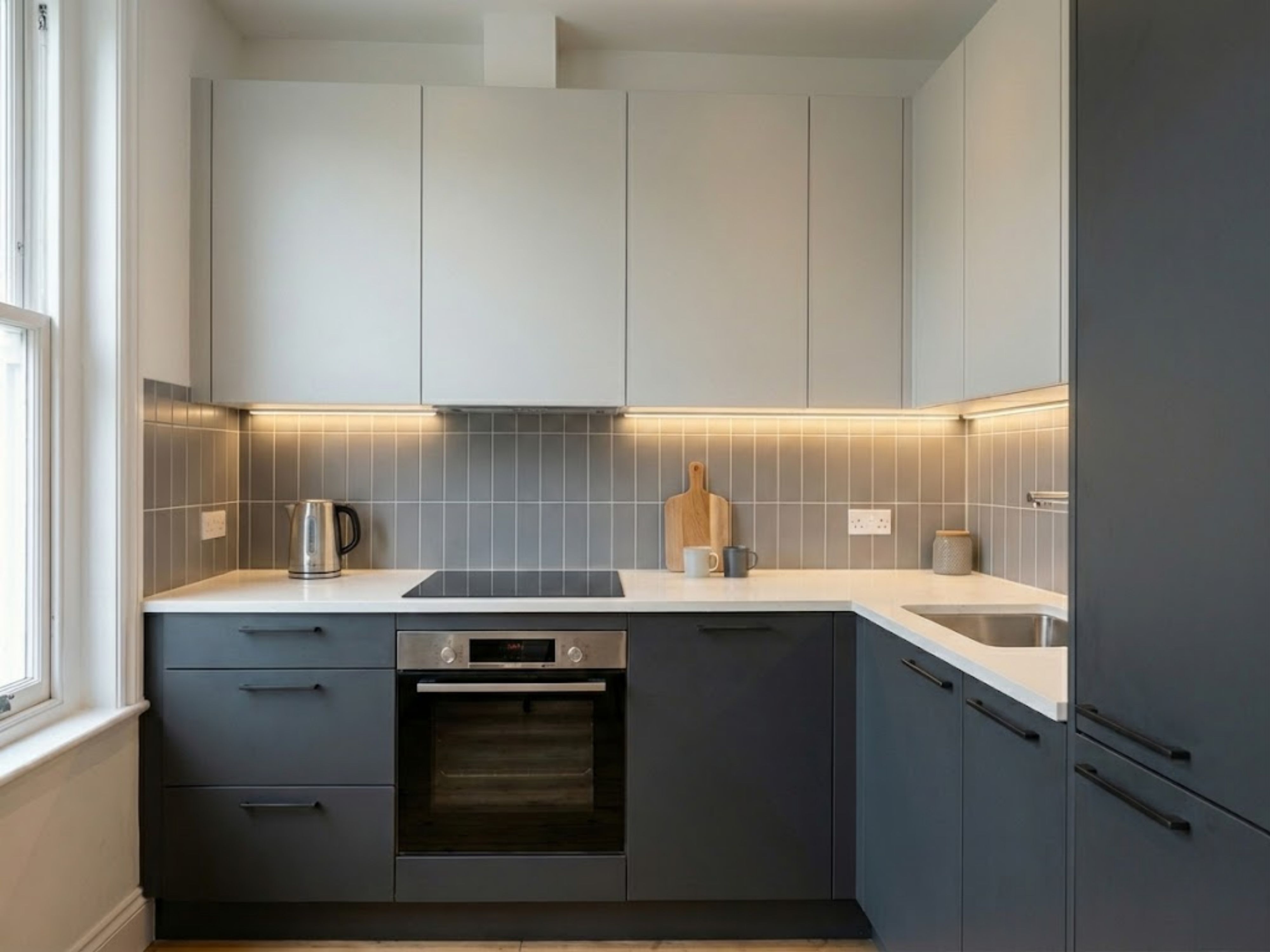 Modern L-shaped kitchen with grey cabinets - Beautiful Homes