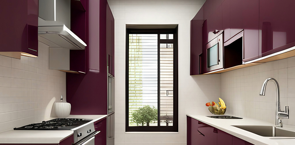 White countertop and dark purple wall cabinets for parallel kitchen-Beautiful Homes