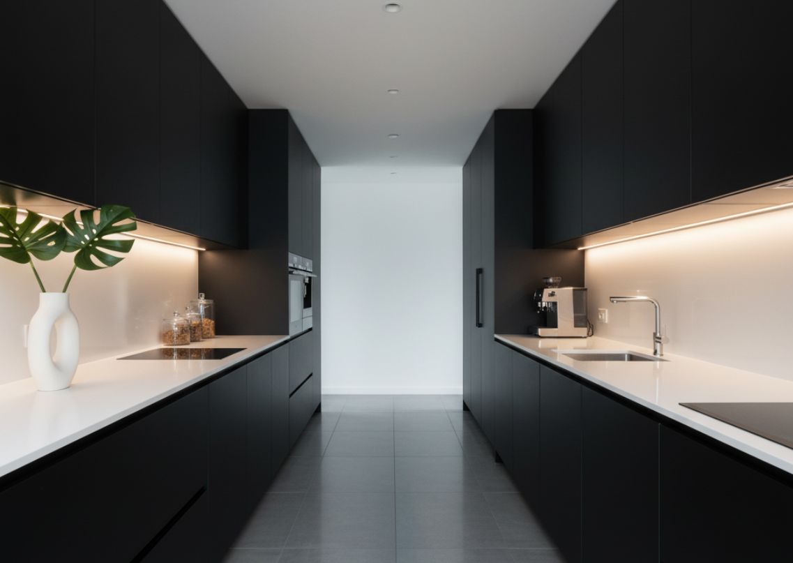 Parallel kitchen with black cabinets and white countertops - Beautiful Homes