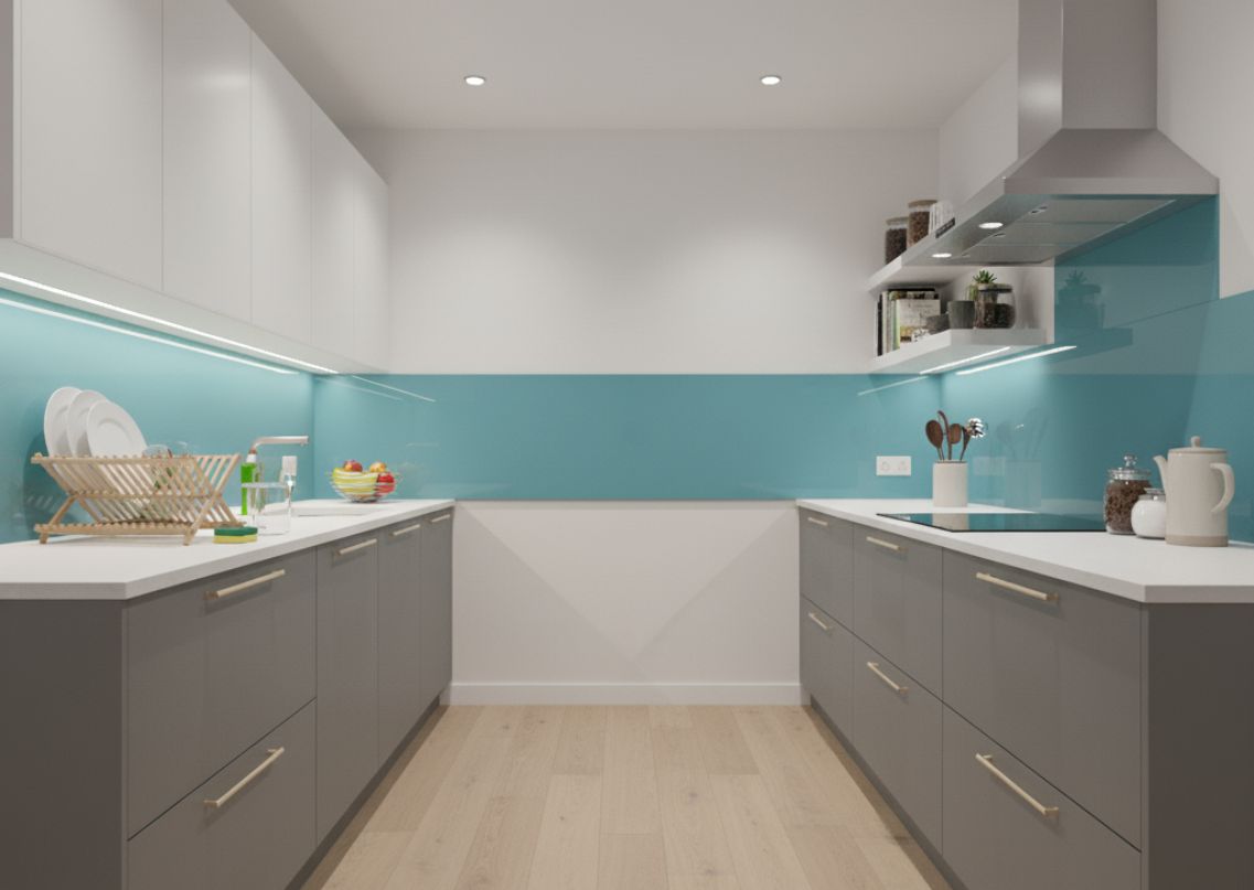 Modern kitchen with grey cabinets and aqua backsplash - Beautiful Homes