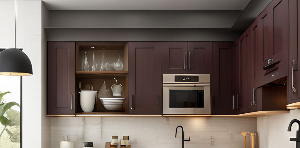 Parallel kitchen with brown kitchen cabinets and open storage-Beautiful Homes