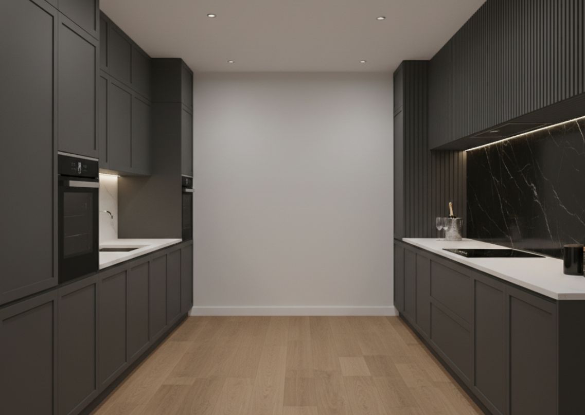 Parallel kitchen with black cabinets and wooden flooring - Beautiful Homes