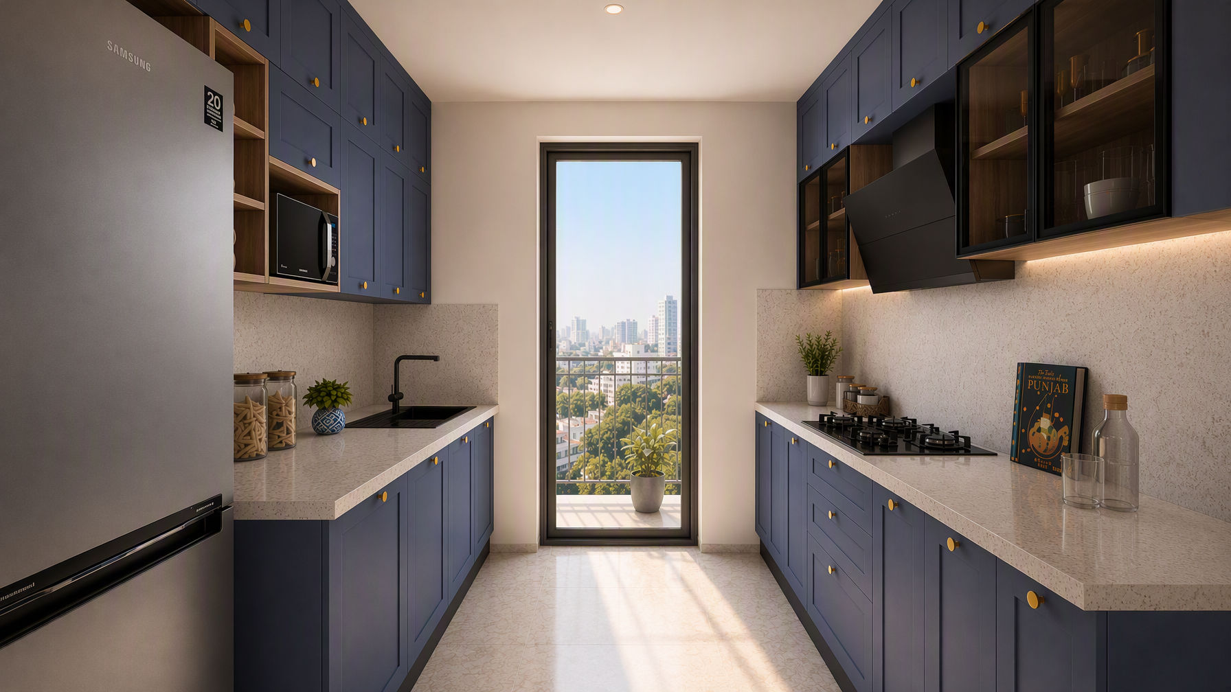 Parallel kitchen with royal blue shaker cabinets, brass knobs, light stone countertops, black appliances, and glass-front upper storage - Beautiful Homes