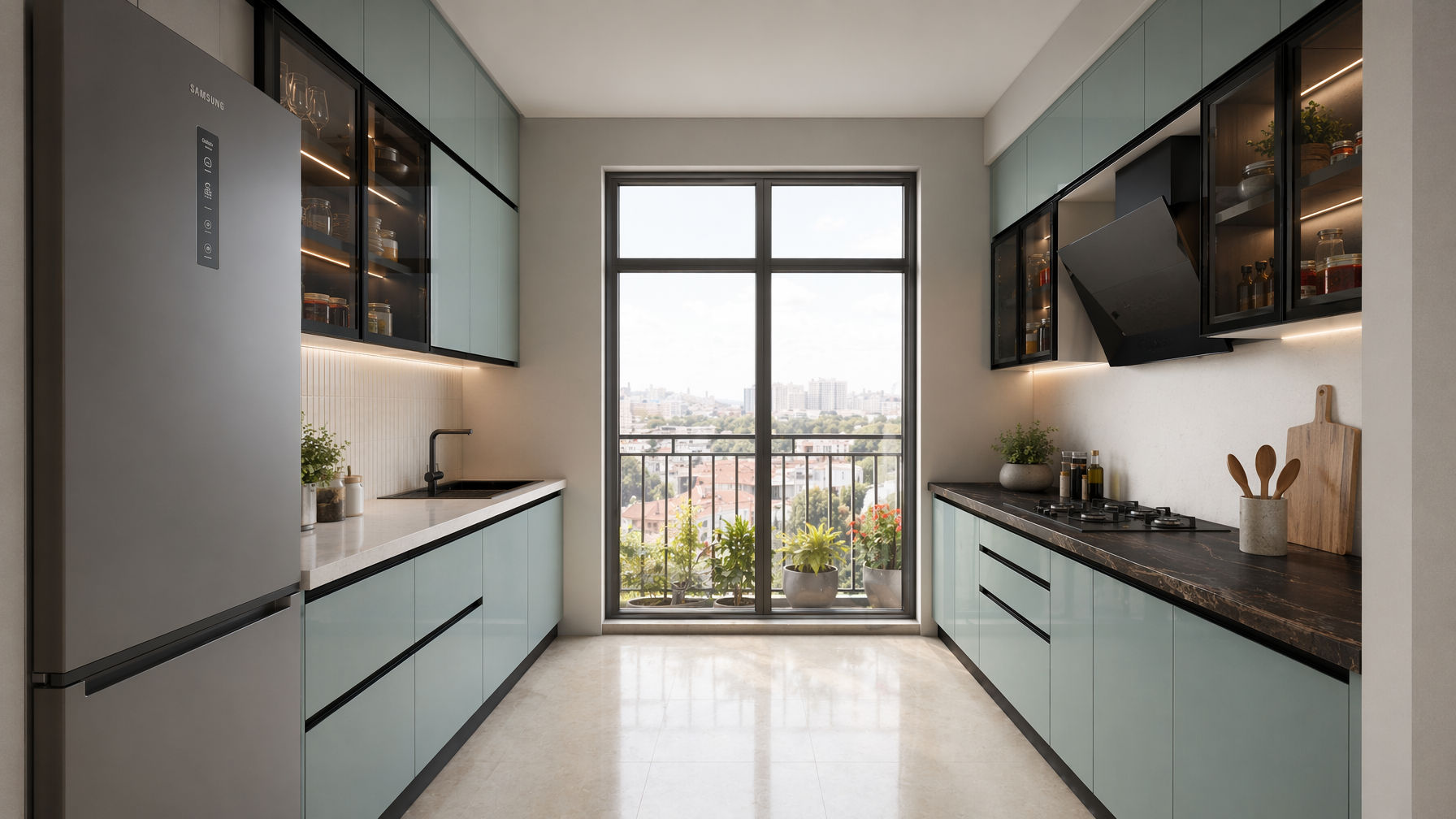 Parallel kitchen with mint green flat-panel cabinets, black-framed glass display units, white and dark marble countertops - Beautiful Homes