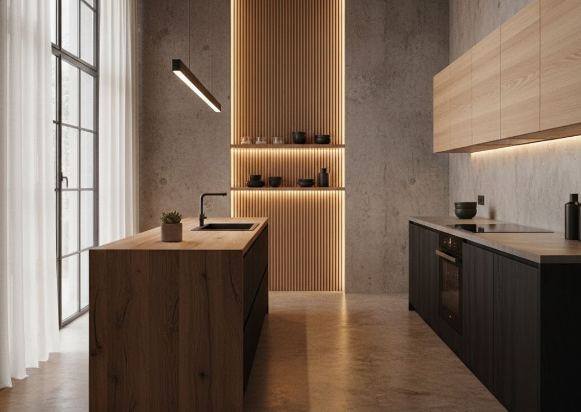 Modern kitchen with wood accents and warm lighting - Beautiful Homes