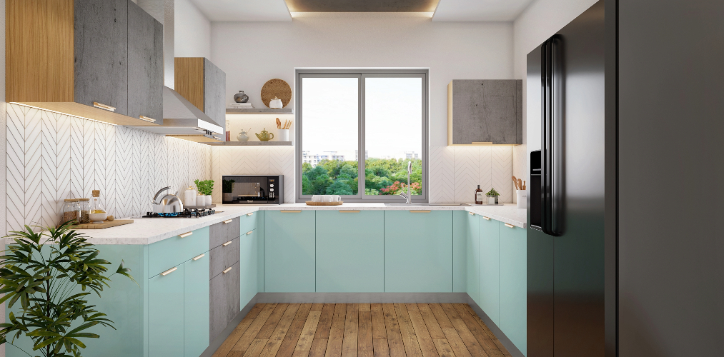 Pastel blue & rustic grey c shape kitchen design with herringbone backsplash tiles-Beautiful Homes