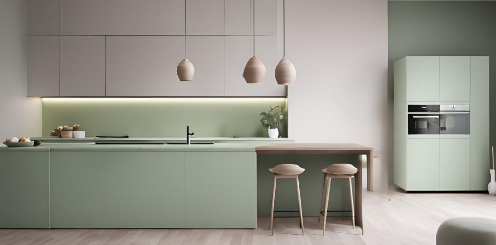 Pastel green and pink island kitchen with modular cabinets - Beautiful Homes