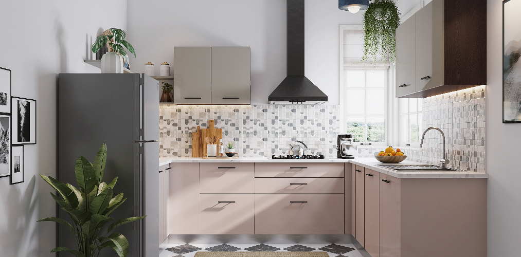 Pastel hues c shaped modular kitchen design-Beautiful Homes