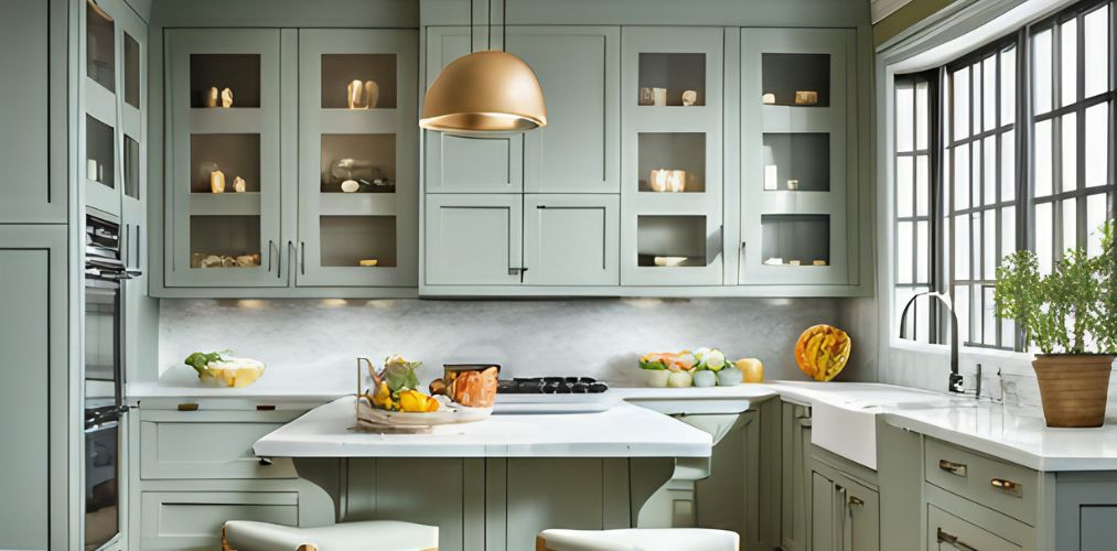 Pastel grey kitchen with glass kitchen cabinets-Beautiful Homes