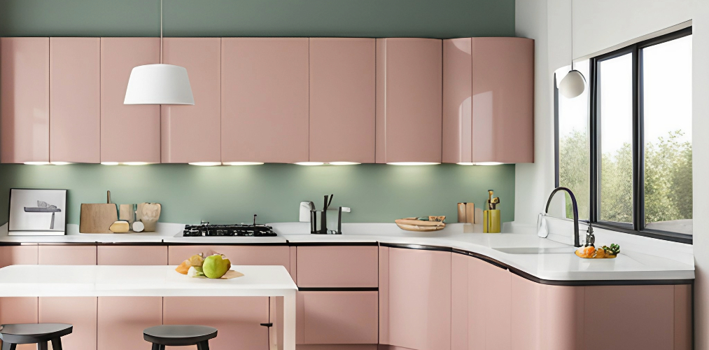 Modular kitchen design with pastel pink cabinets-Beautiful Homes
