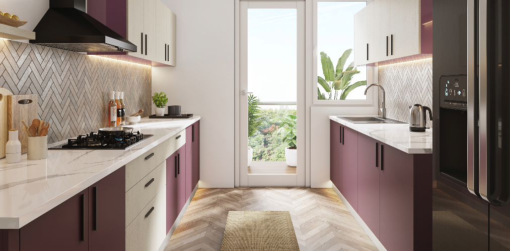 Purple & white parallel kitchen design with wooden flooring and a small kitchen balcony-Beautiful Homes