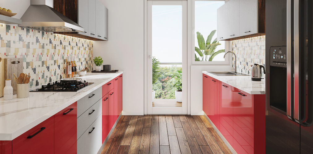 Red & grey parallel kitchen interior design with hardwood floors & a small kitchen balcony-Beautiful Homes