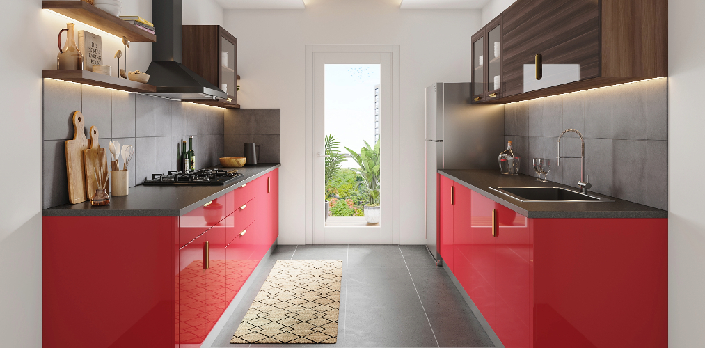 Red kitchen design with wall mounted kitchen shelves & grey kitchen wall tiles-Beautiful Homes