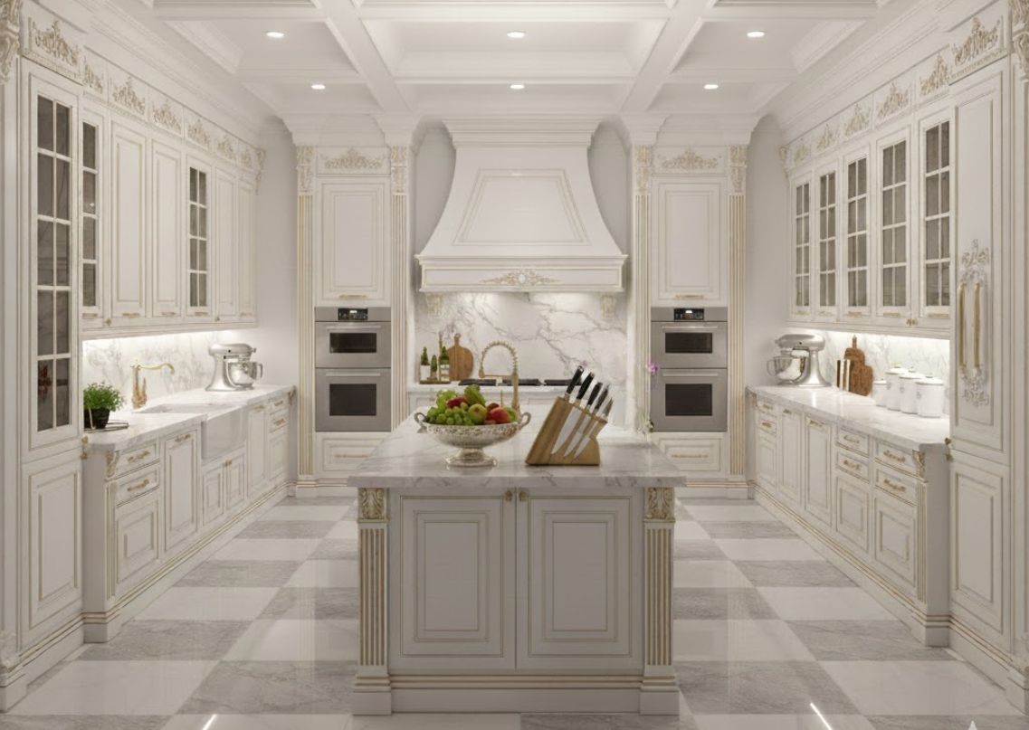 Classic white kitchen with marble and intricate details - Beautiful Homes