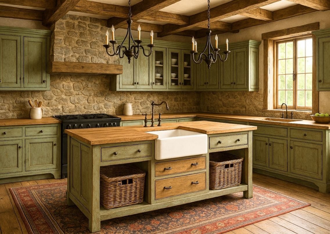 Rustic kitchen with green cabinets and wood details - Beautiful Homes