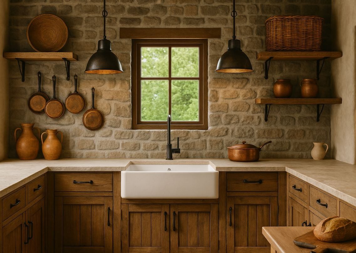 Rustic kitchen with stone wall and farmhouse sink - Beautiful Homes