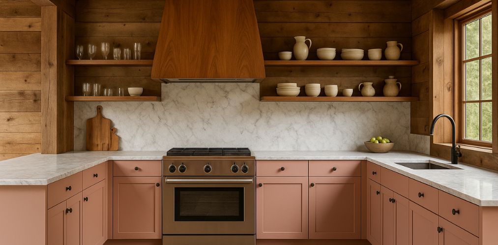 Kitchen with pink cabinets and wooden shelves - Beautiful Homes