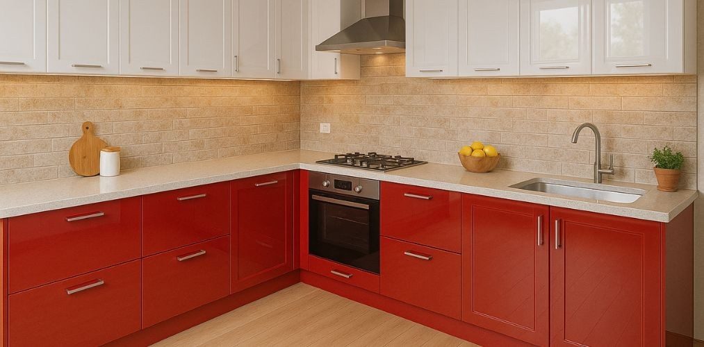 Modern kitchen with red cabinets and marble counters - Beautiful Homes