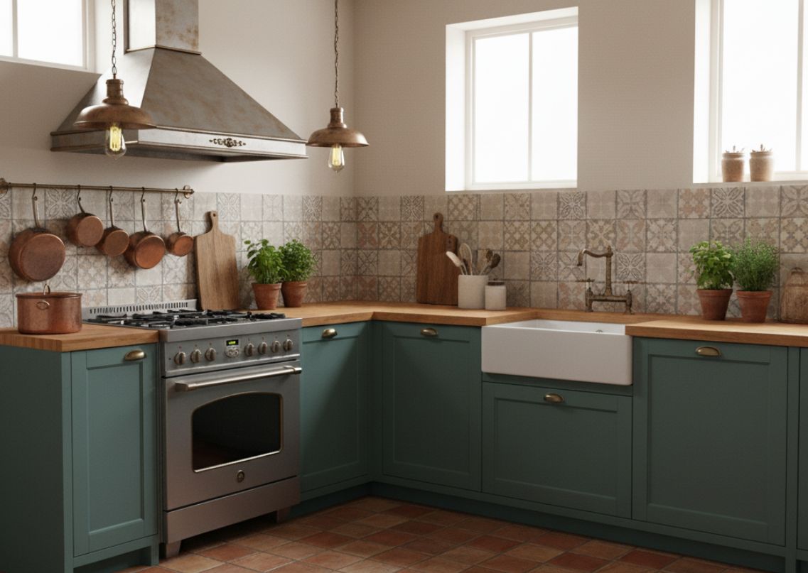 Rustic kitchen with green cabinets and ceramic sink - Beautiful Homes