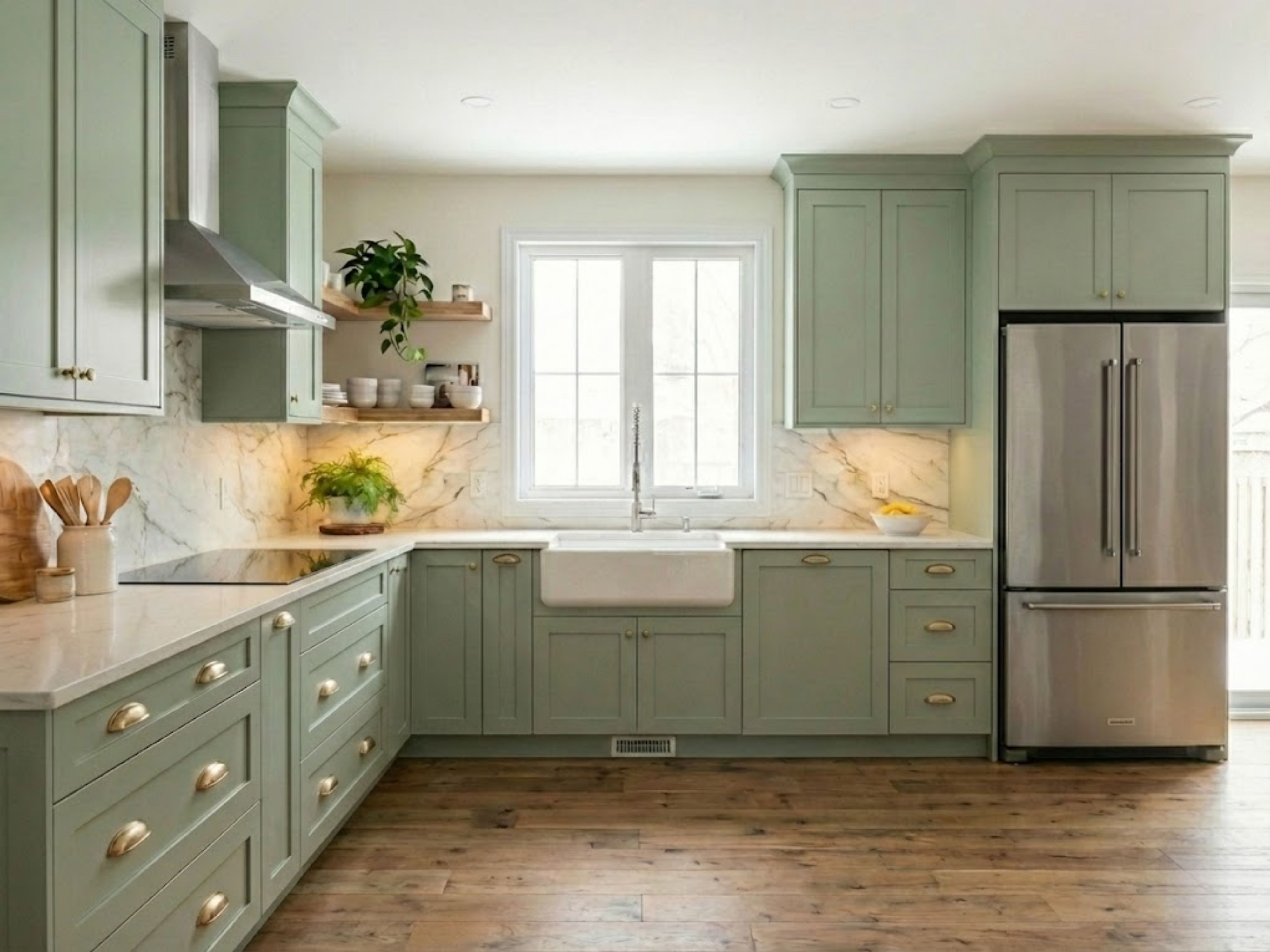 Mint kitchen with marble counters and wooden floor - Beautiful Homes