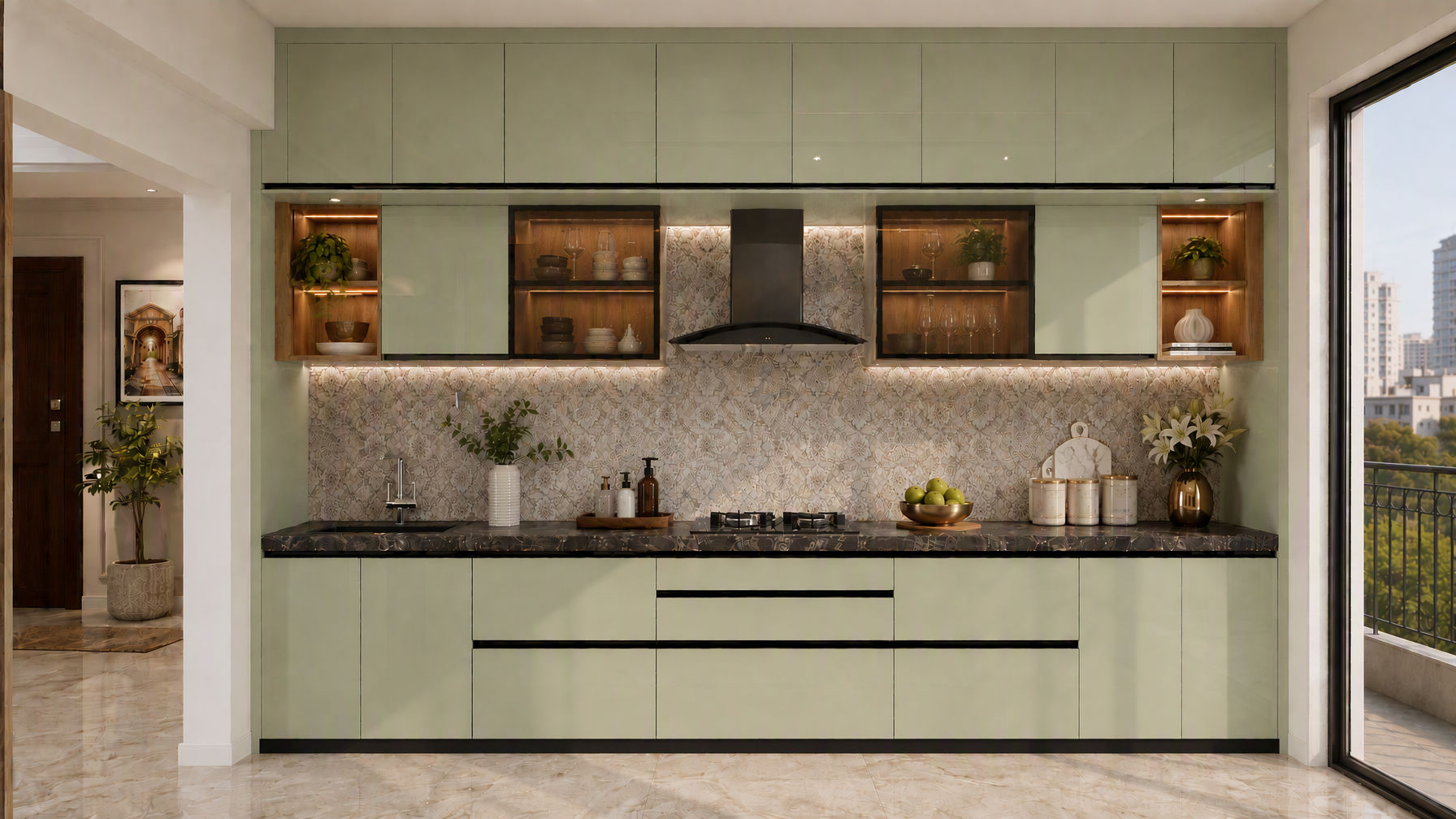 Modern kitchen with glossy sage green cabinets, dark marble-look countertop, black-framed glass cabinets, and beige patterned tile backsplash - Beautiful Homes
