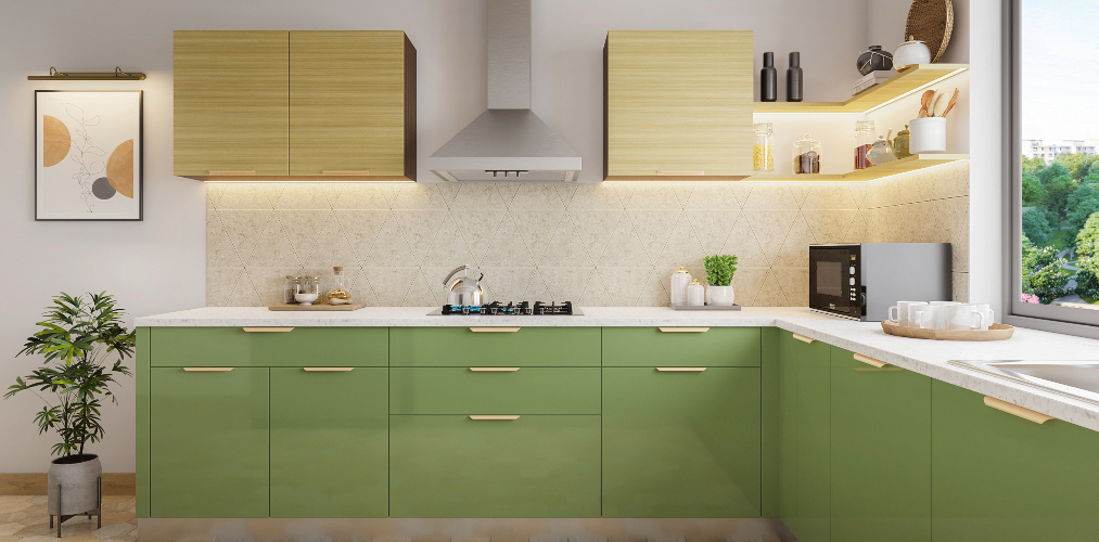Sage green u shape modular kitchen design with off white kitchen wall tiles-Beautiful Homes