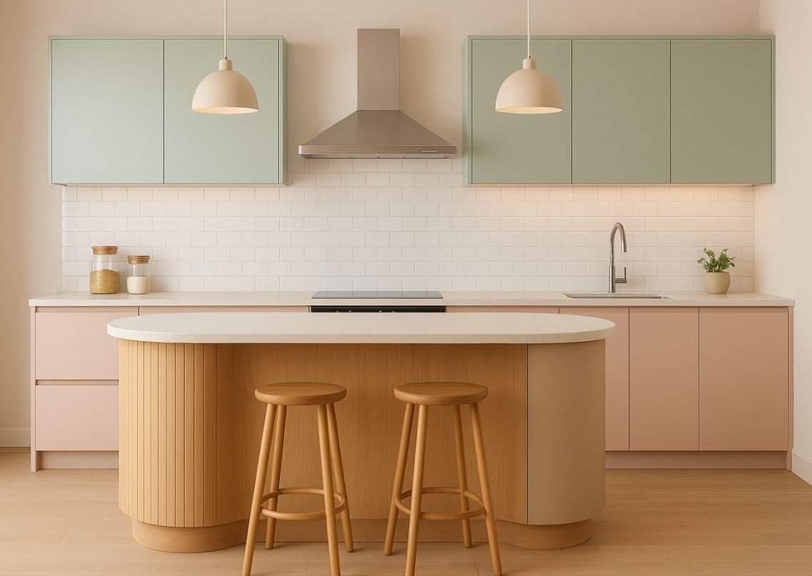 Pastel kitchen with curved island and wooden stools - Beautiful Homes