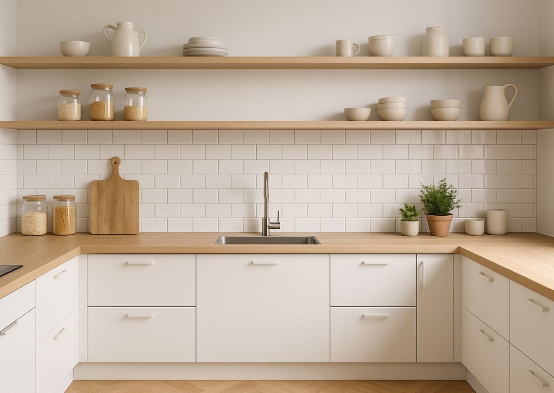 White kitchen with wooden shelves and backsplash tiles - Beautiful Homes
