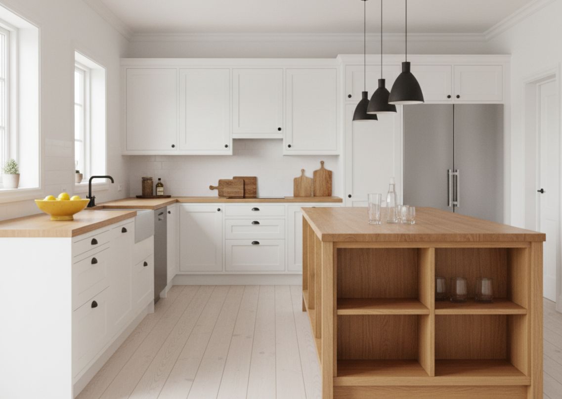 Modern kitchen with wooden island and pendant lights - Beautiful Homes