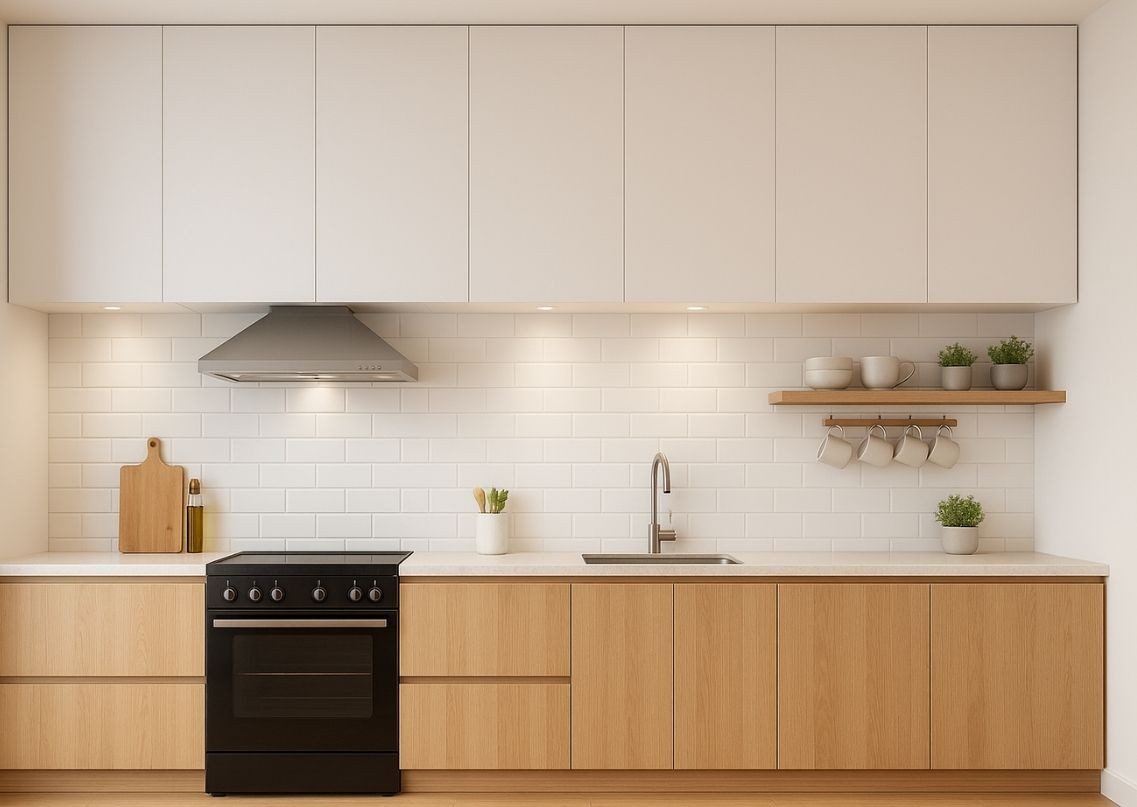 Minimalist kitchen with wood cabinets and white tiles - Beautiful Homes