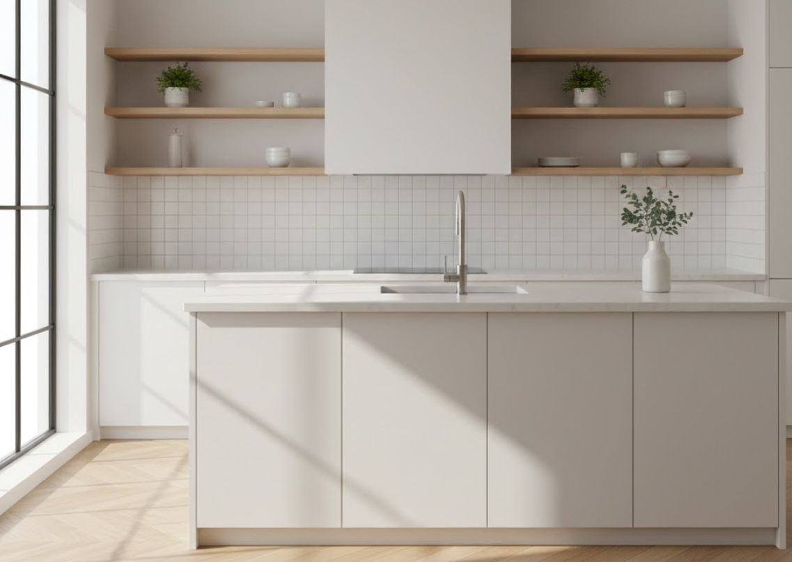 Minimalist white kitchen with open shelving and light - Beautiful Homes