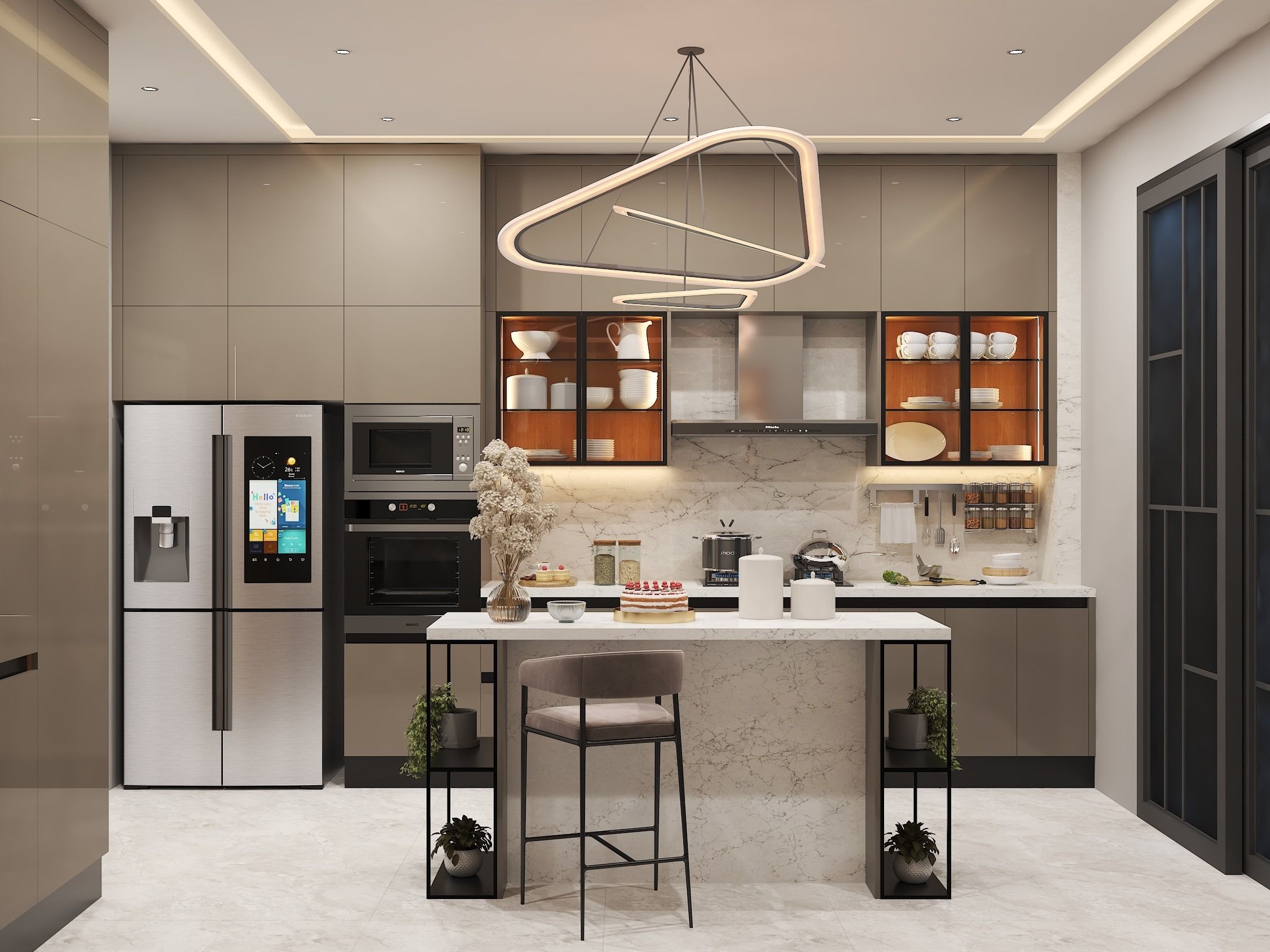 Contemporary kitchen featuring smart appliances, sleek cabinetry, and a marble island - Beautiful Homes