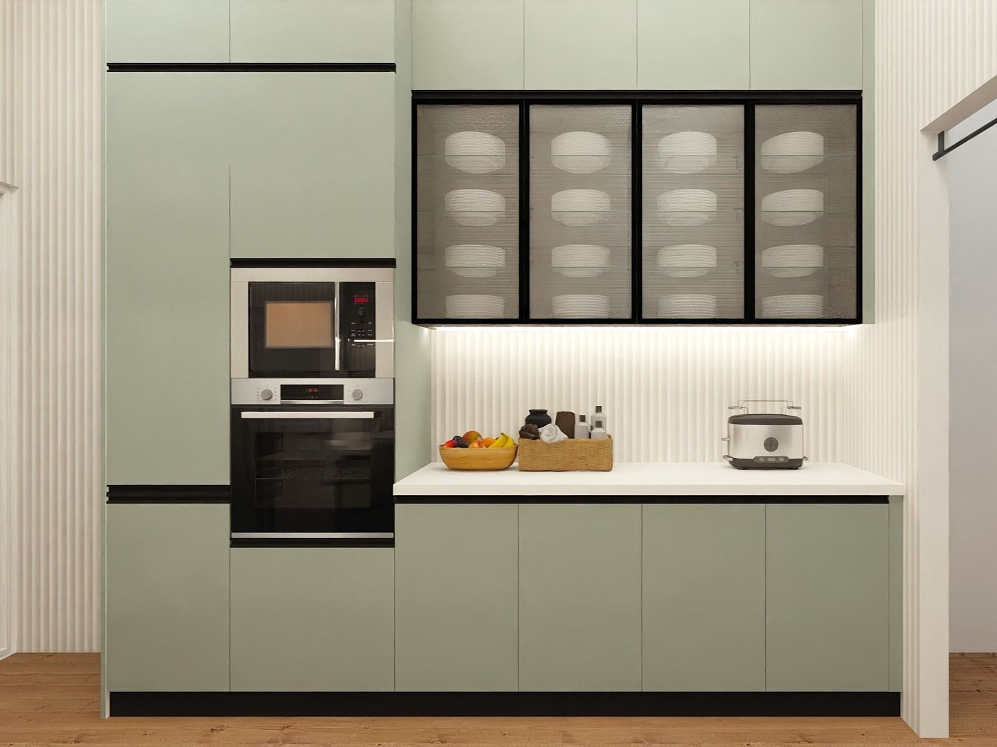 Contemporary kitchen featuring light green cabinets and fluted glass doors - Beautiful Homes