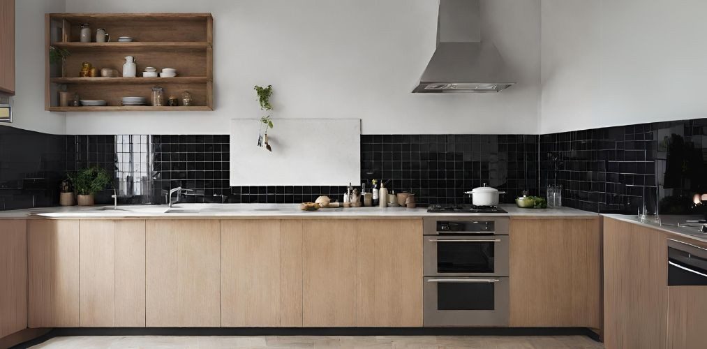 Simple kitchen with black backsplash and wooden cabinets-Beautiful Homes