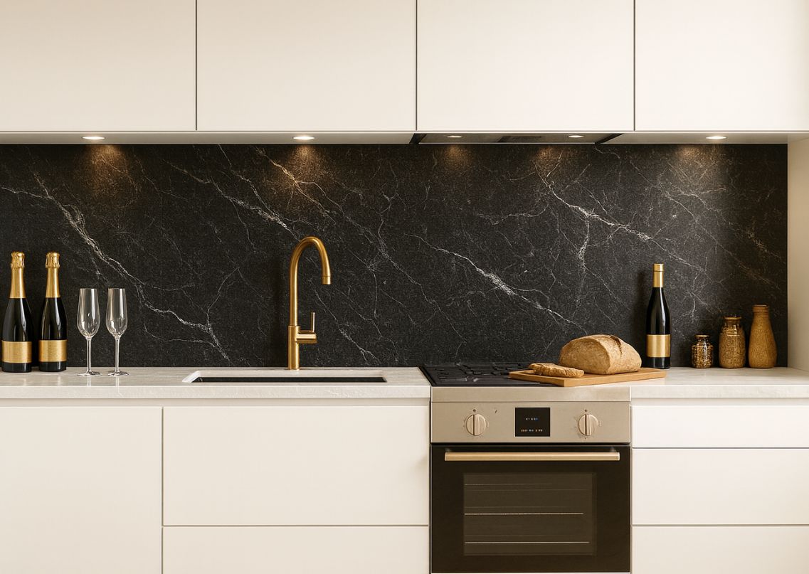 Modern kitchen with black marble backsplash - Beautiful Homes