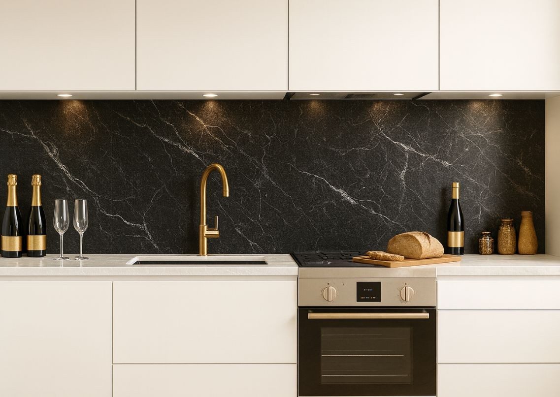 Modern kitchen with black marble backsplash - Beautiful Homes