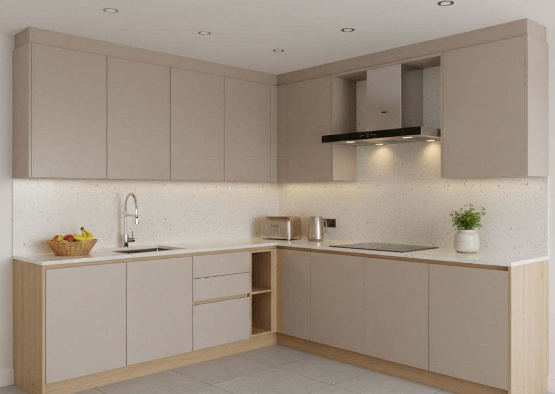 Neutral modular kitchen with marble and lighting - Beautiful Homes