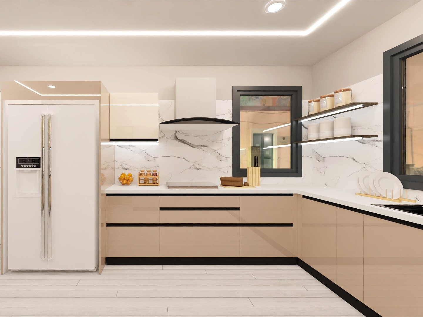 Kitchen with beige cabinets and marble countertops - Beautiful Homes