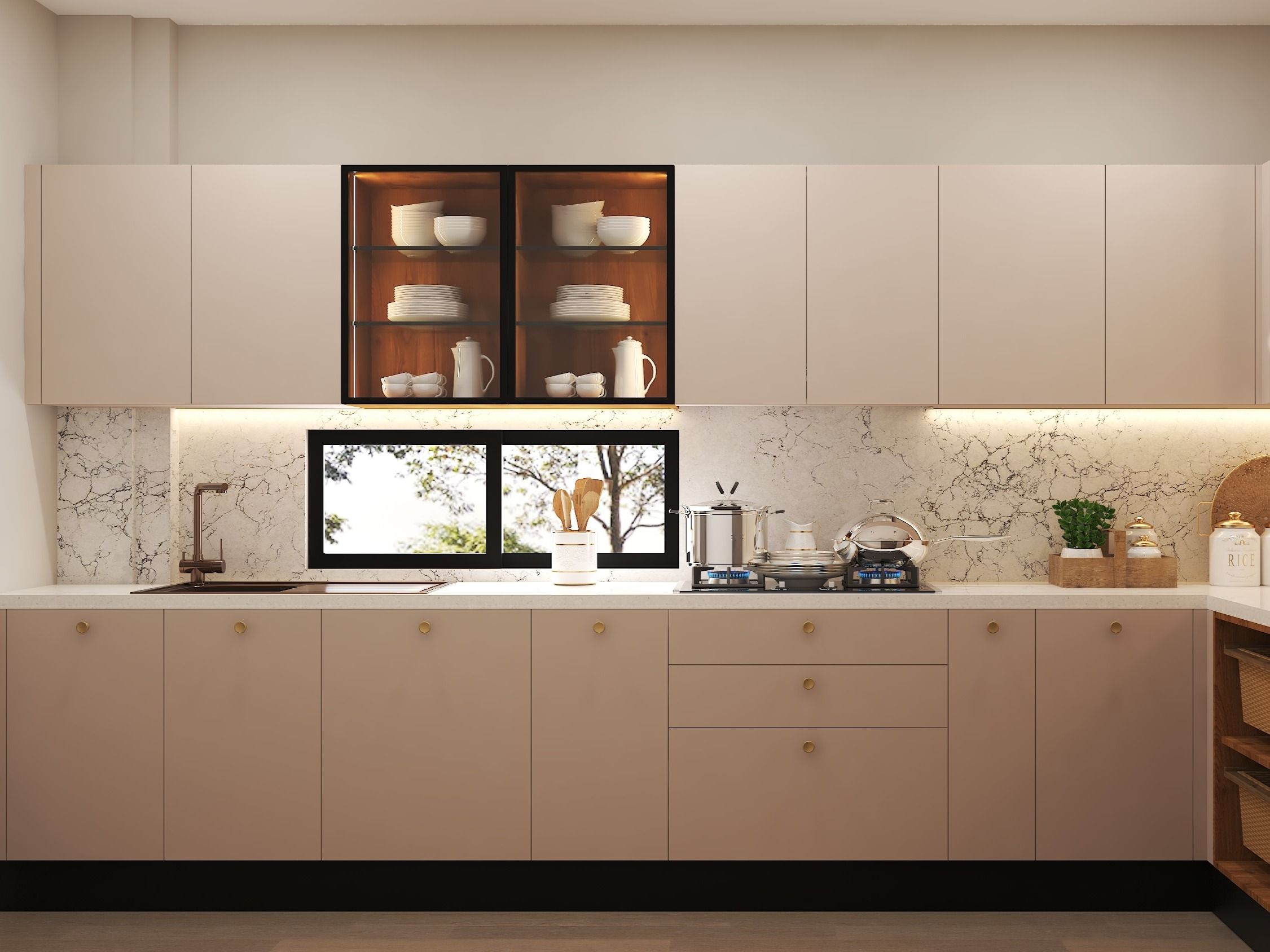Contemporary kitchen featuring beige cabinets, marble backsplash, and warm lighting - Beautiful Homes
