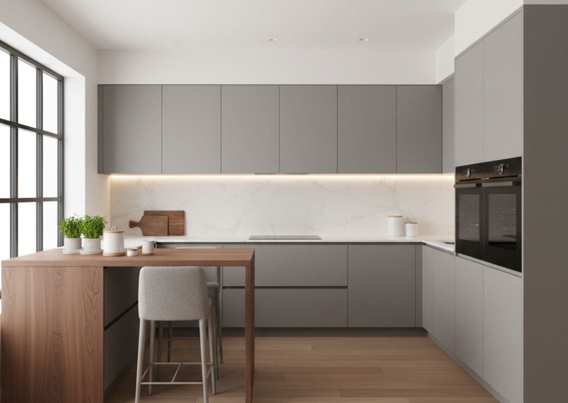 Grey modular kitchen with wooden table and lighting - Beautiful Homes
