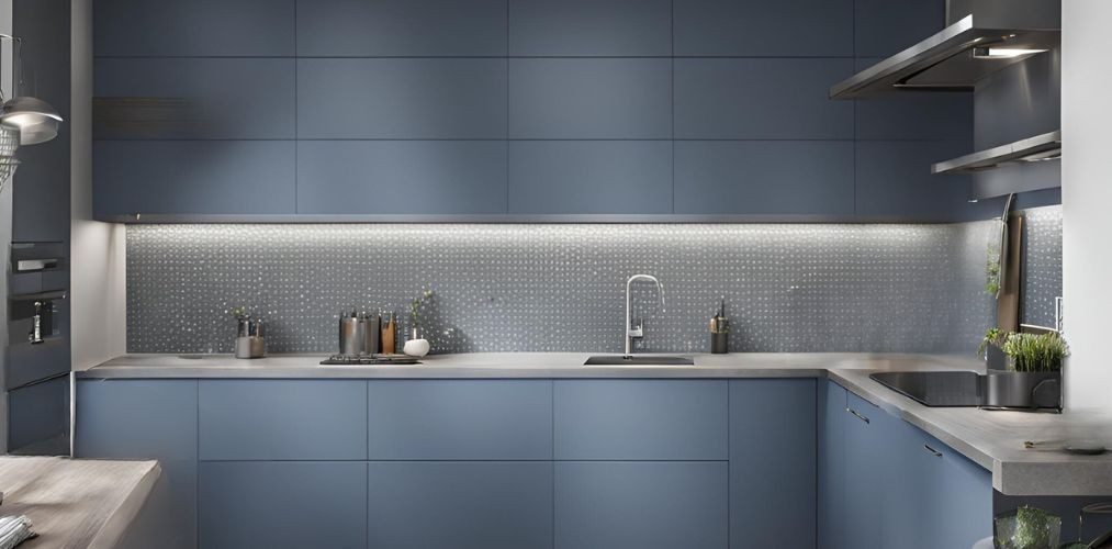 Small blue kitchen with grey backsplash tiles - Beautiful Homes