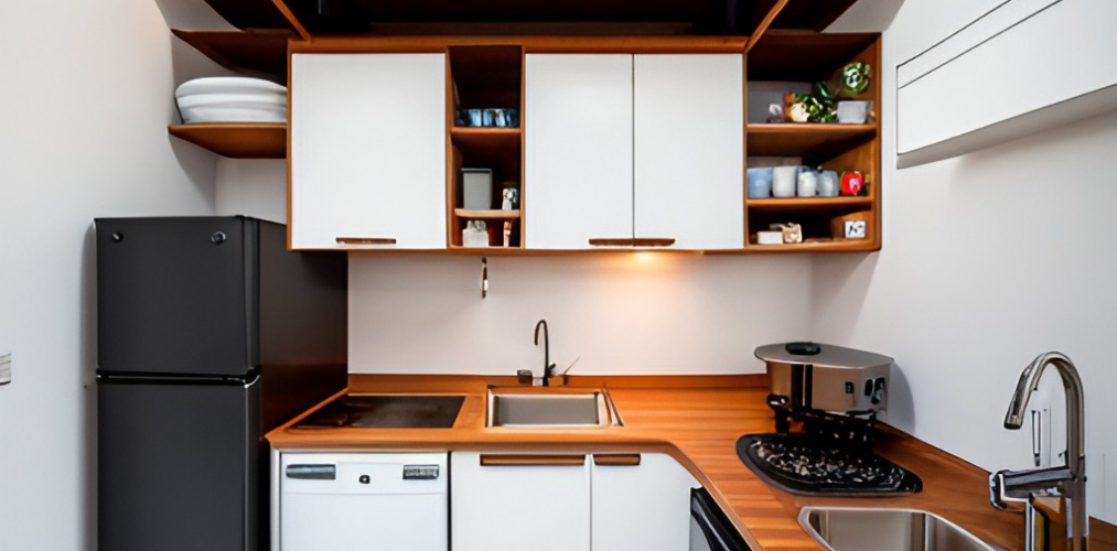 Small house mini kitchen design with white and wooden loft storage-Beautiful Homes