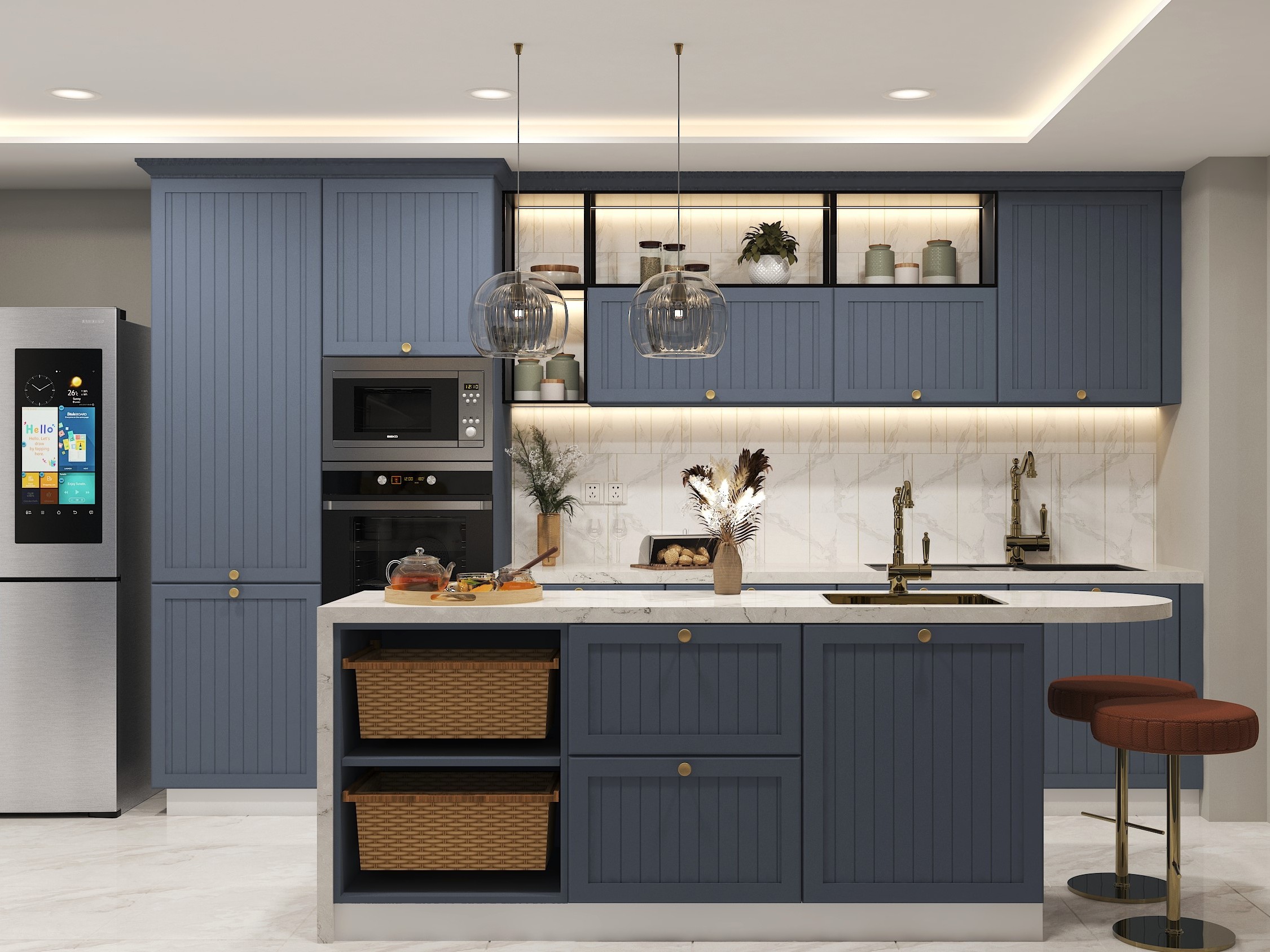 Modern island kitchen with marble countertop and wicker baskets - Beautiful Homes