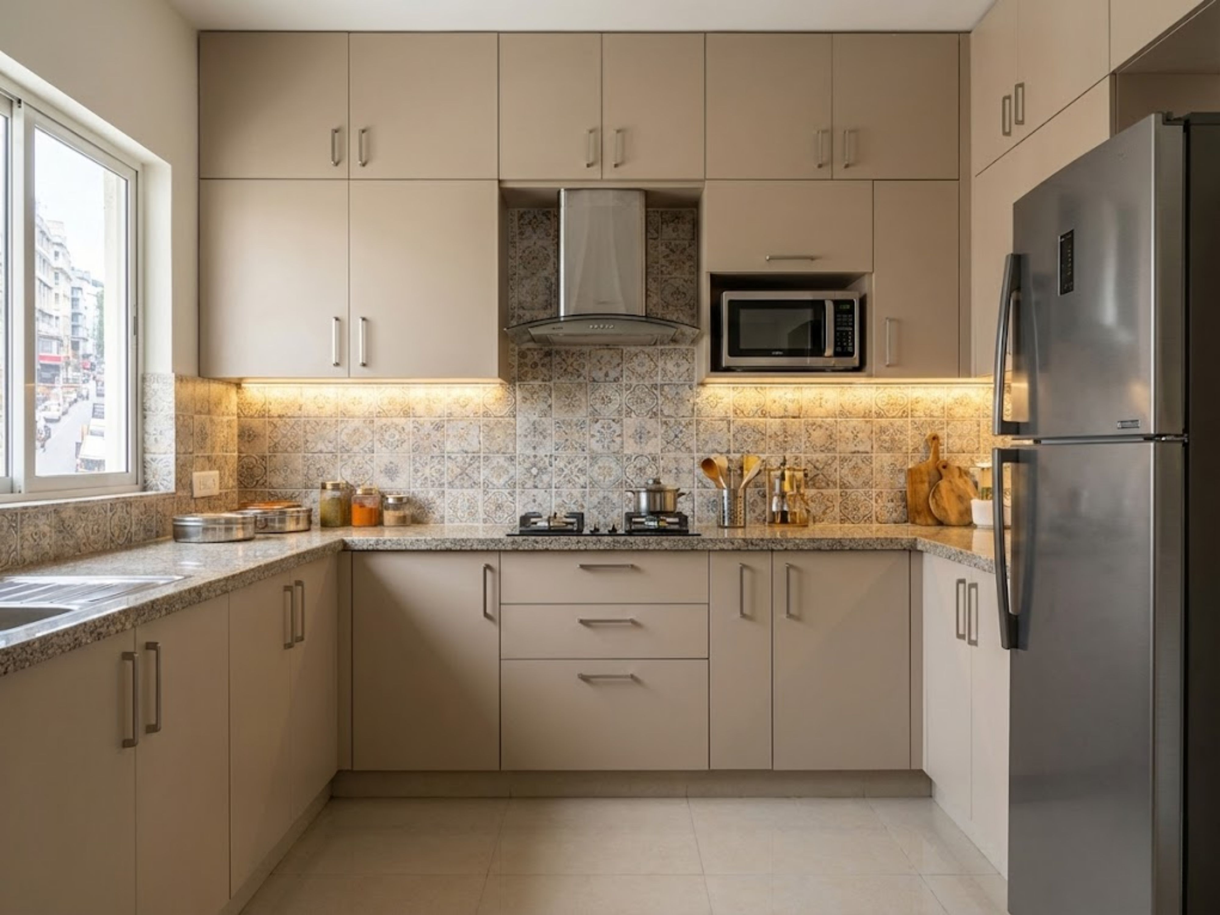 L shaped beige kitchen with granite counters - Beautiful Homes