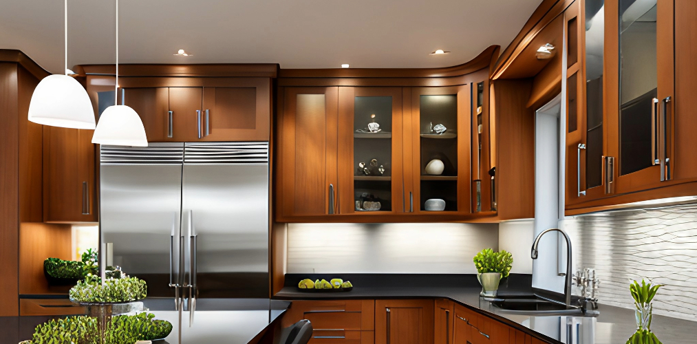 Small kitchen design with wooden cabinets and cove lighting-Beautiful Homes