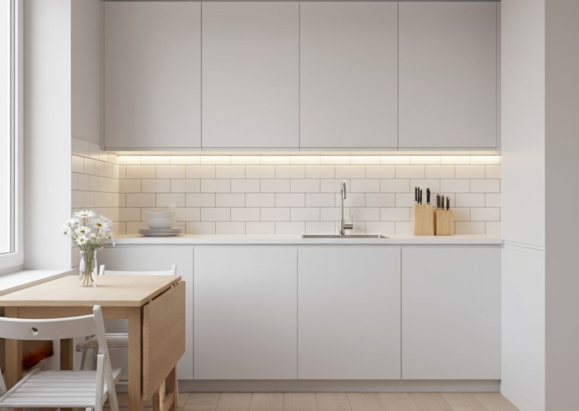 Modern white kitchen with cabinets and wooden table - Beautiful Homes