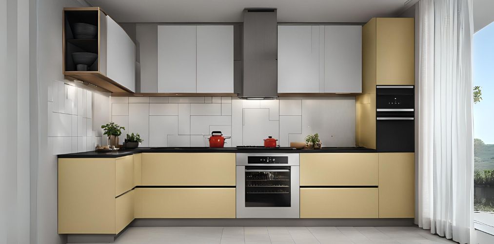 Small kitchen with pastel yellow cabinets and white backsplash tiles - Beautiful Homes